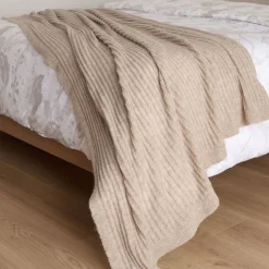 Beige Knitted Ribbed Bed Blanket