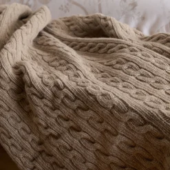 Cable Knit Beige Merino Bed Blanket