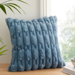 Carved Faux Fur Cushion Blue