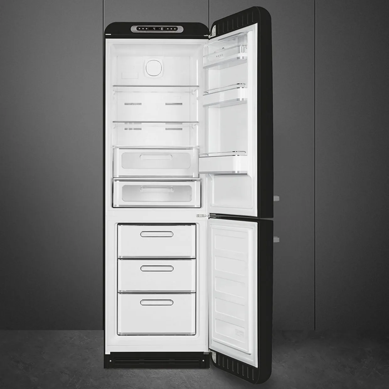 60cm 50s Style Right Hand Hinge Fridge Freezer Black