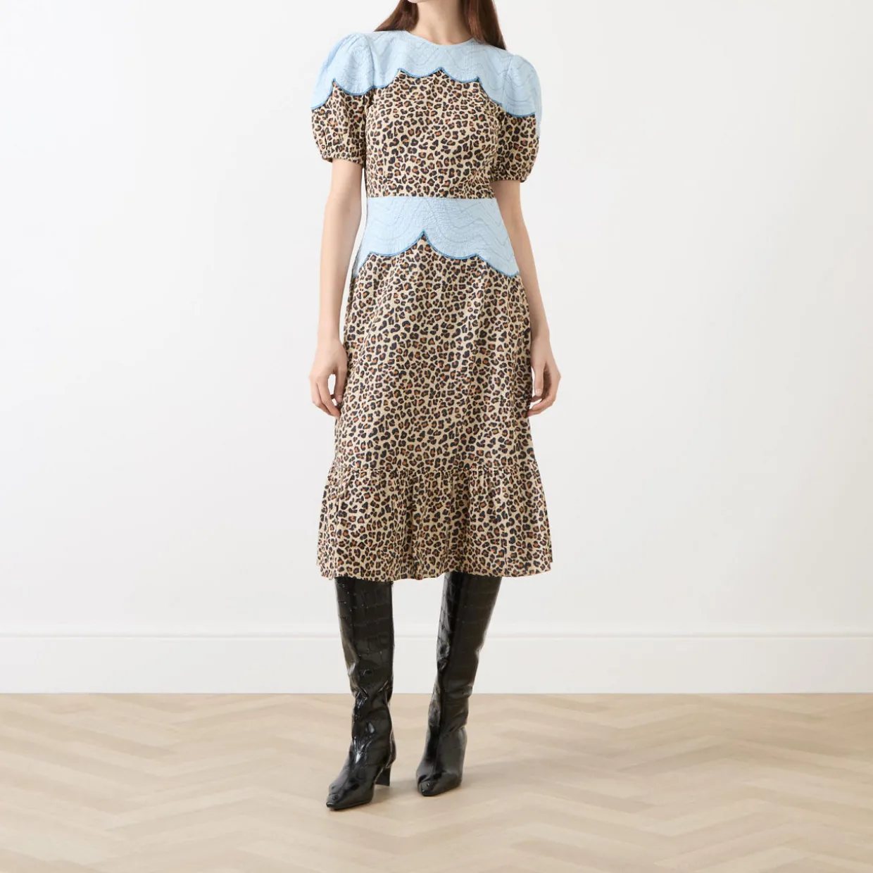 Embroidery Panelled Leopard Dress