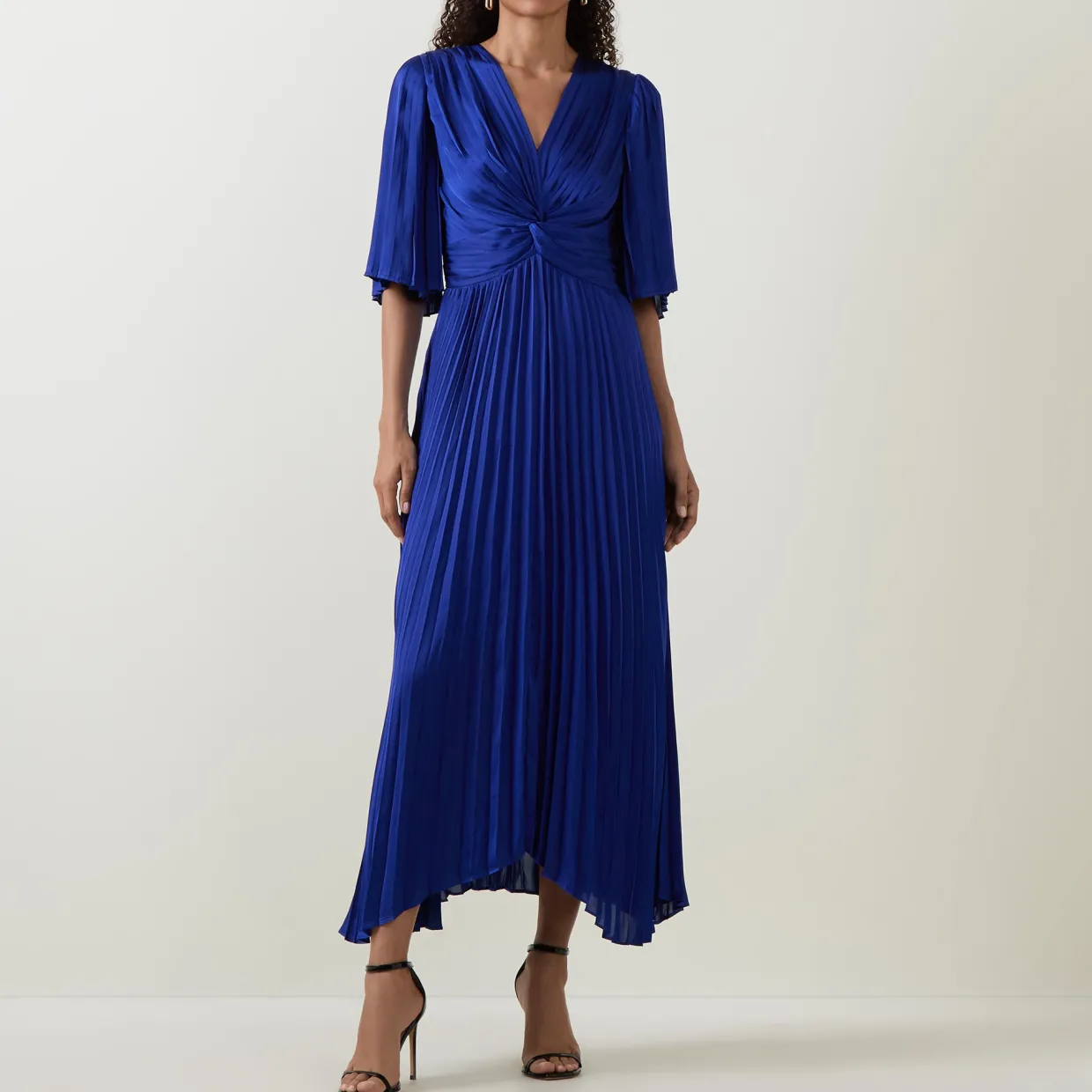 Flutter-Sleeve Pleated Flared Dress
