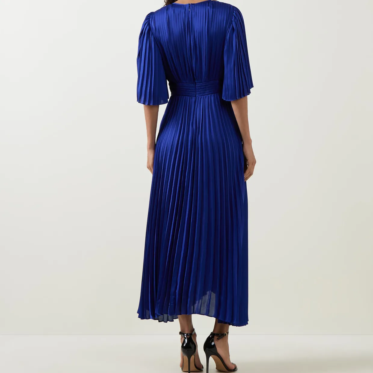 Flutter-Sleeve Pleated Flared Dress
