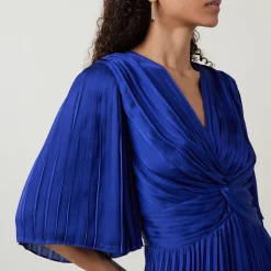 Flutter-Sleeve Pleated Flared Dress