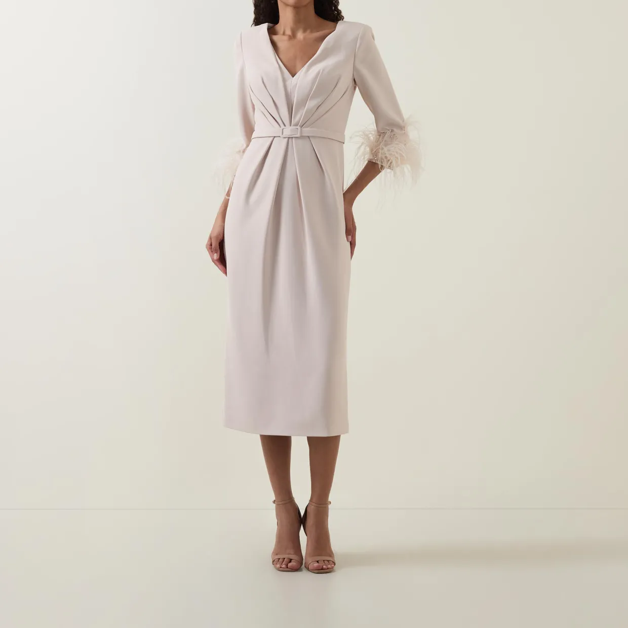 Gathered Feather-Trim Dress