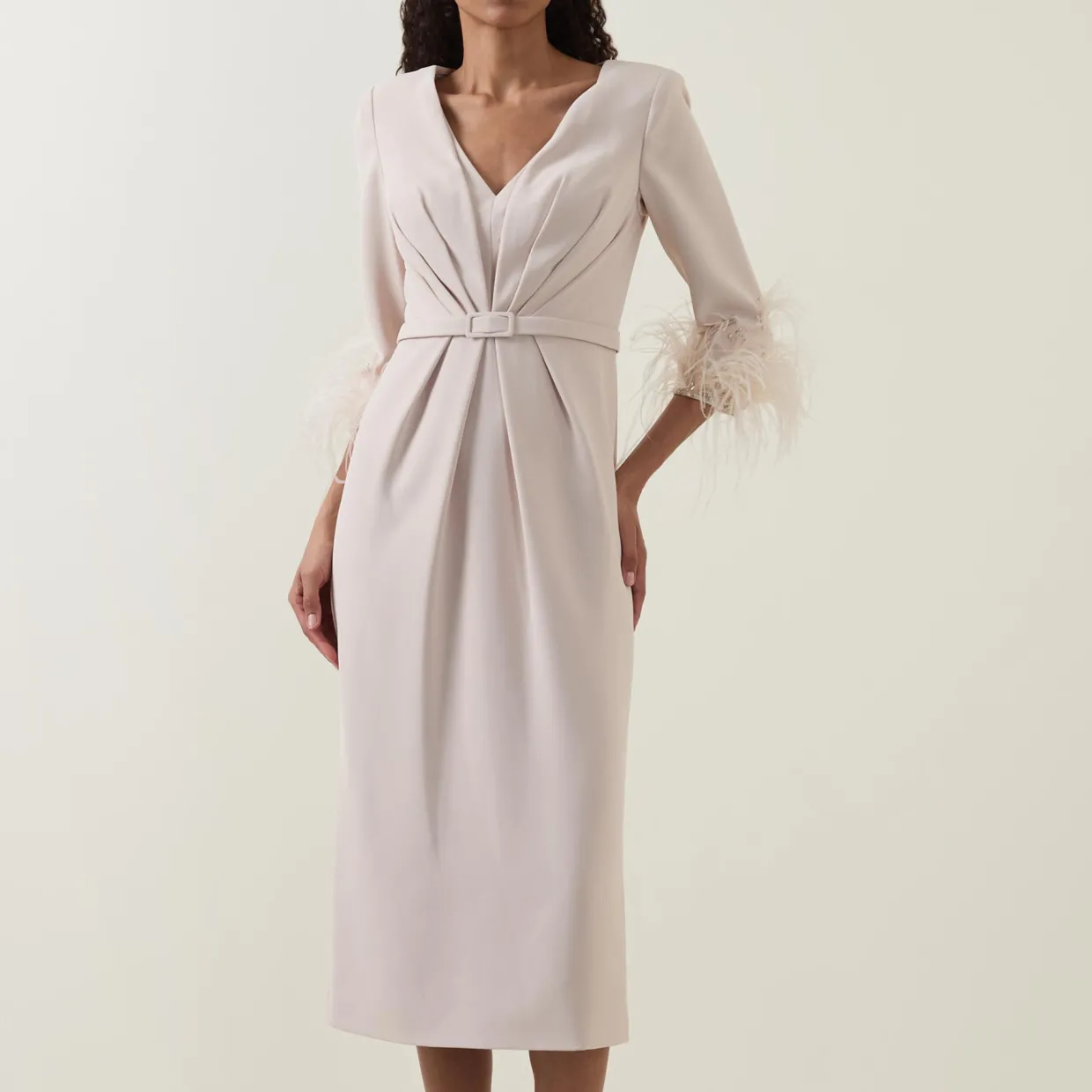 Gathered Feather-Trim Dress