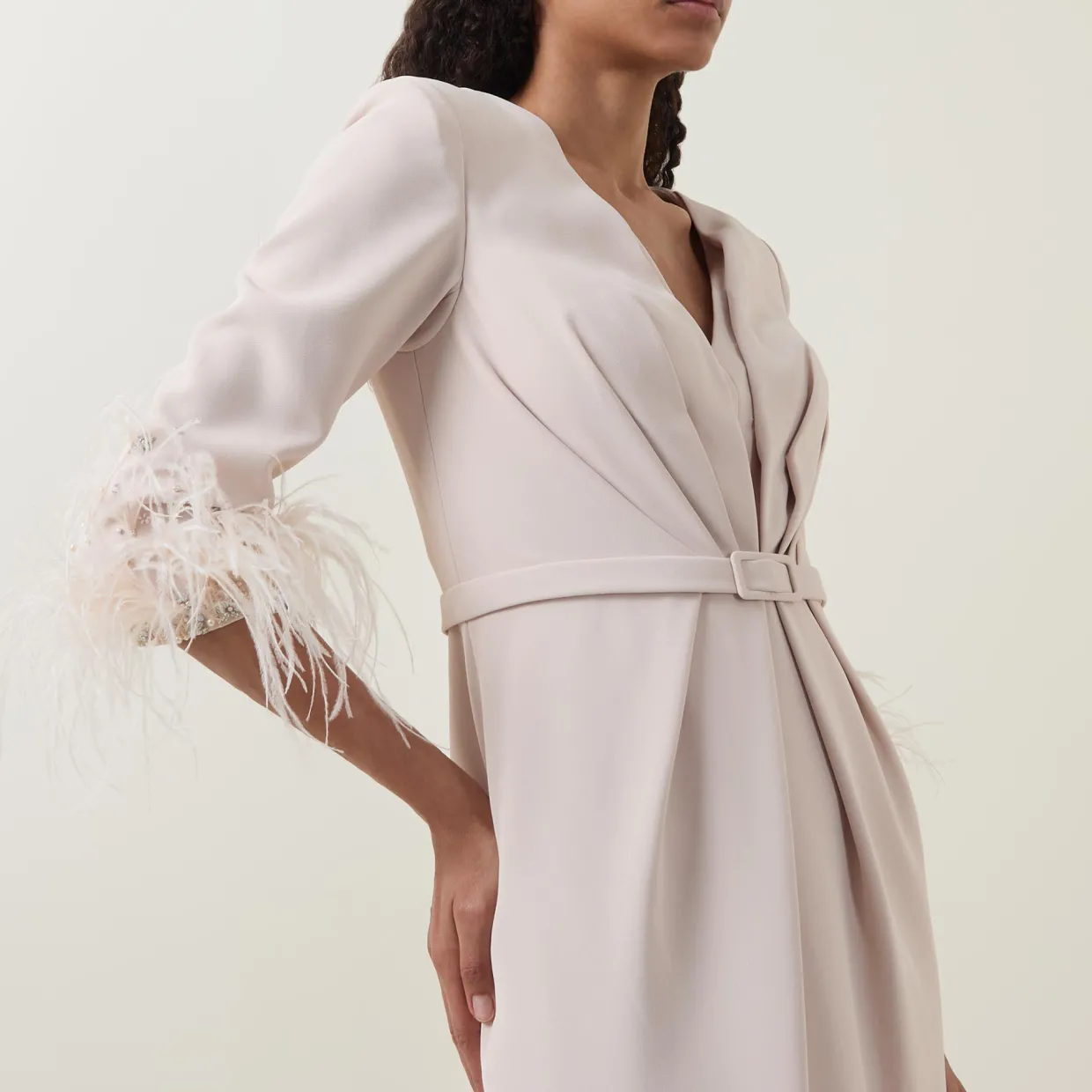 Gathered Feather-Trim Dress