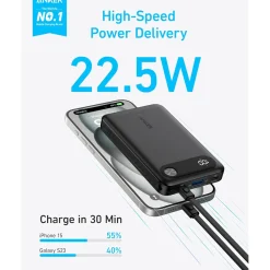 10K PD Power Bank with Usb C-C Cable 22.5 Watt Black