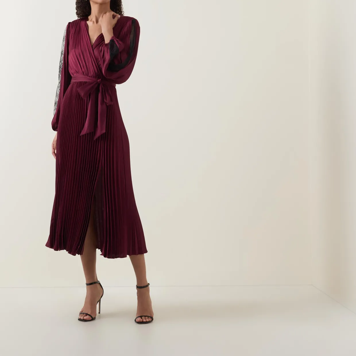 Lace-Sleeve Pleated Wrap Dress