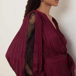 Lace-Sleeve Pleated Wrap Dress