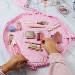 Parachute Drawstring Flat Lay Makeup Bag - Pink Gingham