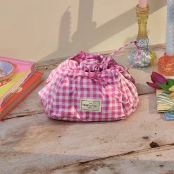 Parachute Drawstring Flat Lay Makeup Bag - Pink Gingham