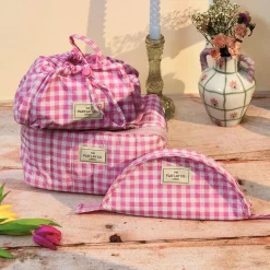 Parachute Drawstring Flat Lay Makeup Bag - Pink Gingham