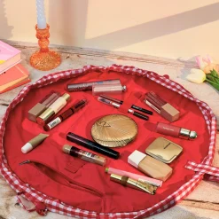 Parachute Drawstring Flat Lay Makeup Bag - Red Gingham