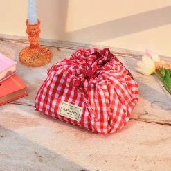 Parachute Drawstring Flat Lay Makeup Bag - Red Gingham