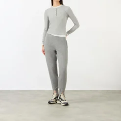Rib Half-Buttoned Long-Sleeved Top