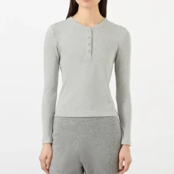 Rib Half-Buttoned Long-Sleeved Top