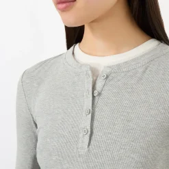 Rib Half-Buttoned Long-Sleeved Top