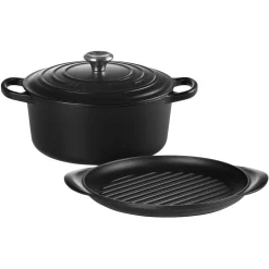 Signature Cast Iron Round Casserole Dish 22cm & Round Grill 25cm Two-Piece Set