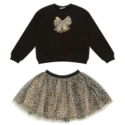Two-Piece Bow-Detail Sweatshirt & Leopard Print Skirt Set